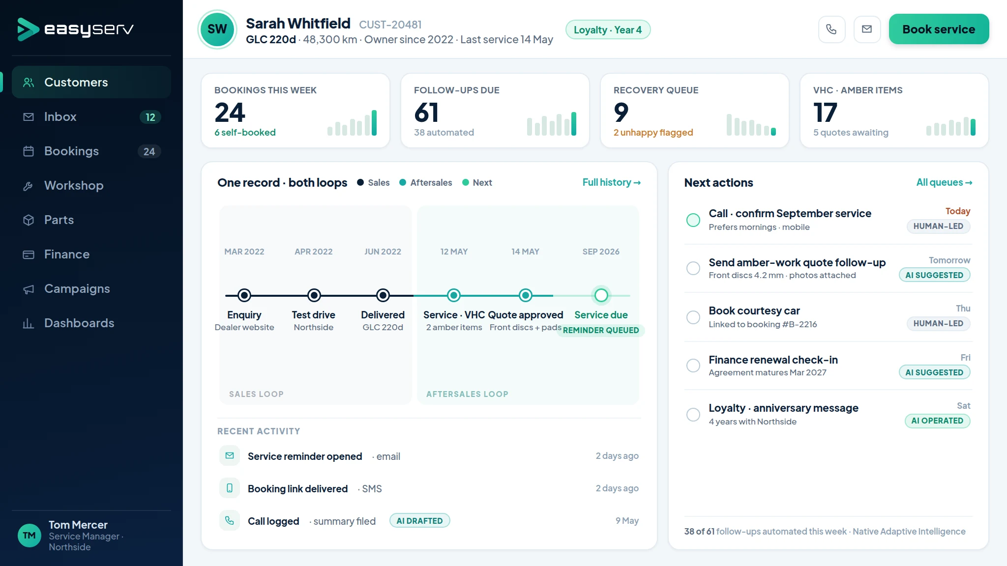 Easyserv workspace preview: one customer record across sales and aftersales