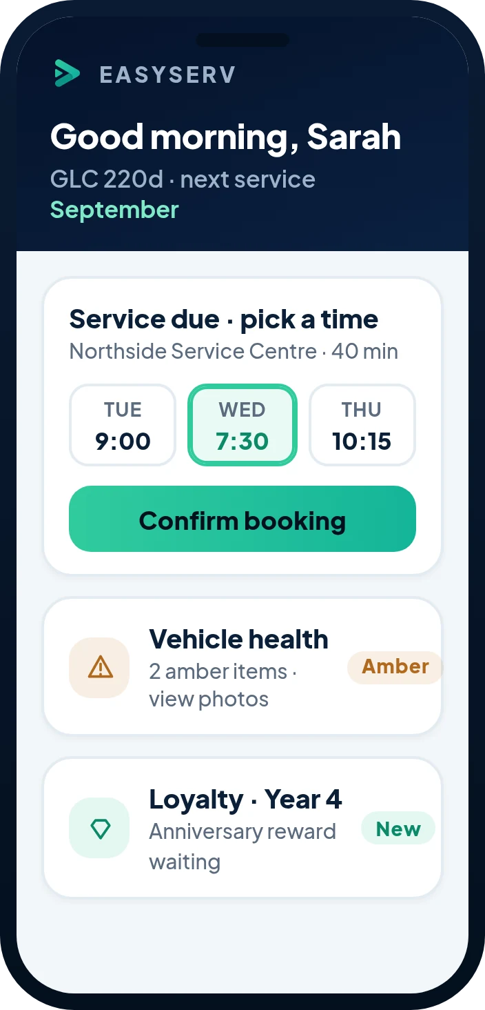 The Easyserv mobile app: a customer’s vehicle health check with photo evidence, ready to approve